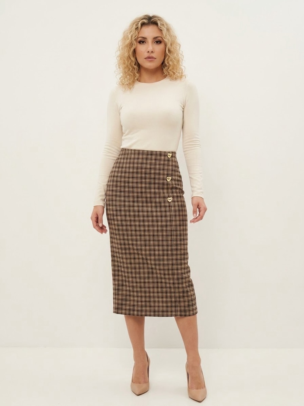 River Island Women Plaid Midi Pencil Skirt Heart Buttons Brown Size 6